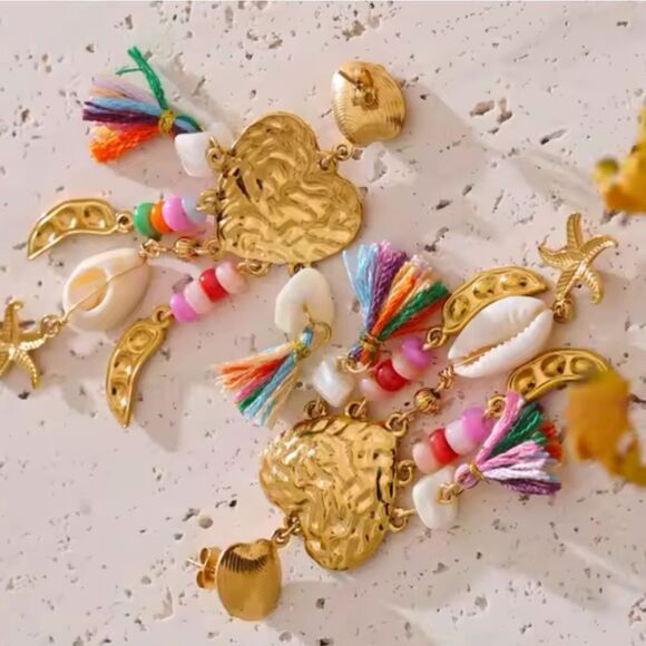 New ANTHRO Gold Ss Seashell Heart Beaded Tassel  Starfish Dangle Earrings - Picture 7 of 12